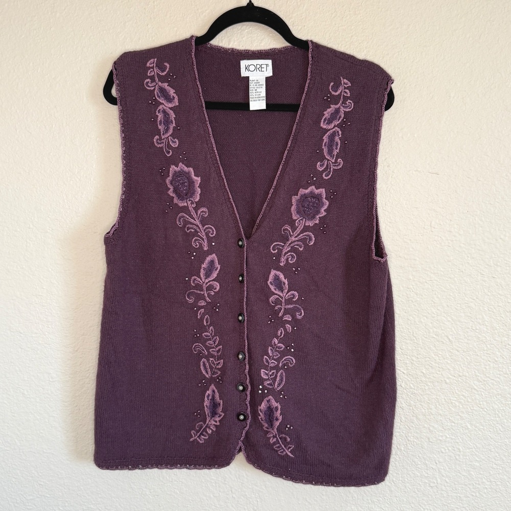 Vintage Womens Medium Purple Embroidered Knit Vest Sweater‎ Layer Cottage Indie